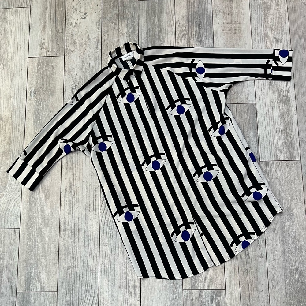 Monki Black White Blue Striped Eye Ball Print Dress Size Small